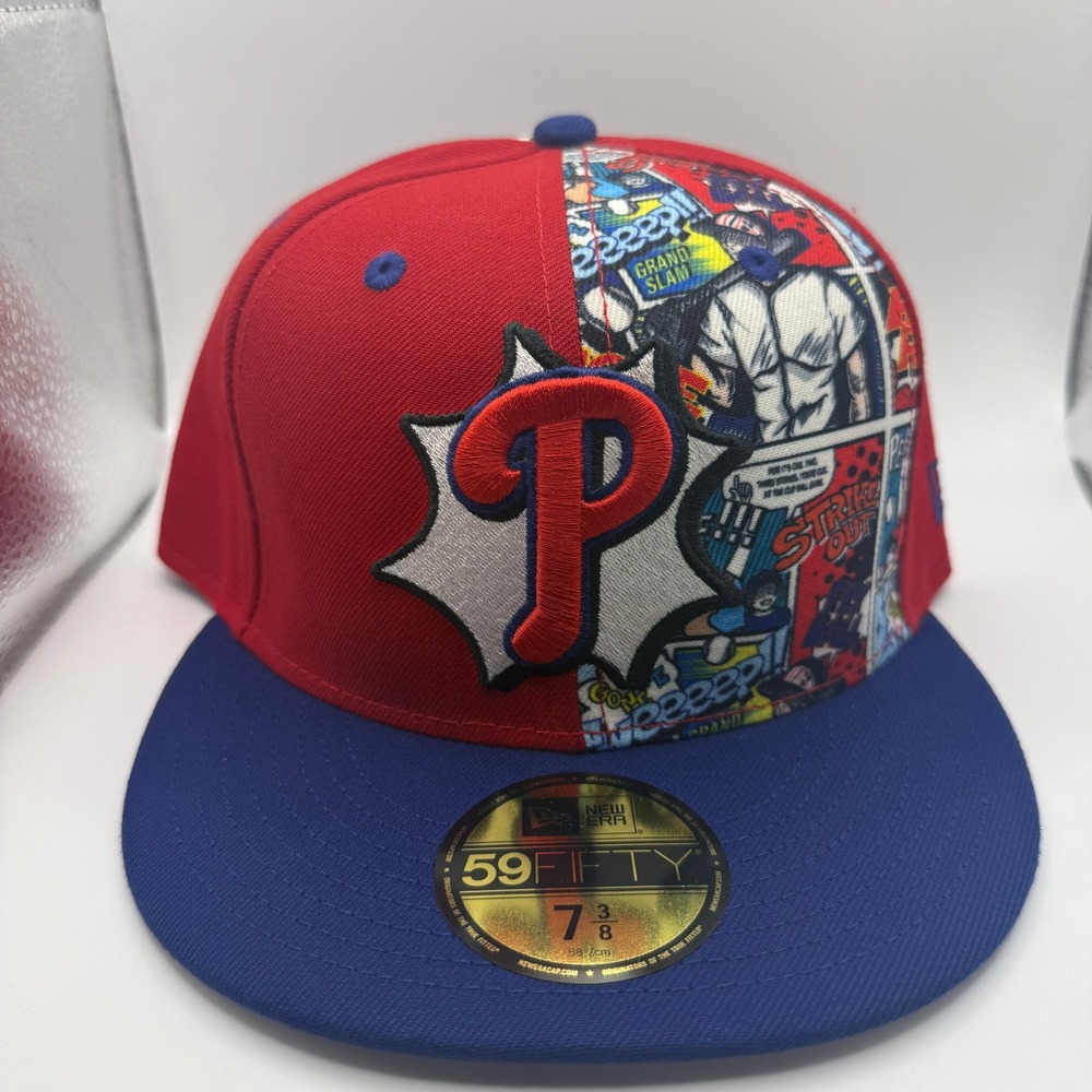 New Era 59FIFTY Philadelphia Phillies Comic Split Fitted Hat 7 3/8 Red Blue
